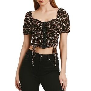 MERAKI Black Floral Hook Front Ruched Puff Sleeve Crop Top‎ Womens XL